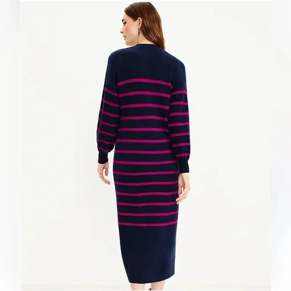 NEW ANN TAYLOR LOFT NAVY BLUE PINK STRIPED LONGLINE CARDIGAN SWEATER MIDI DRESS - Picture 2 of 15